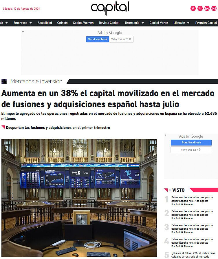 Aumenta en un 38% el capital movilizado en el mercado de fusiones y adquisiciones espaol hasta julio